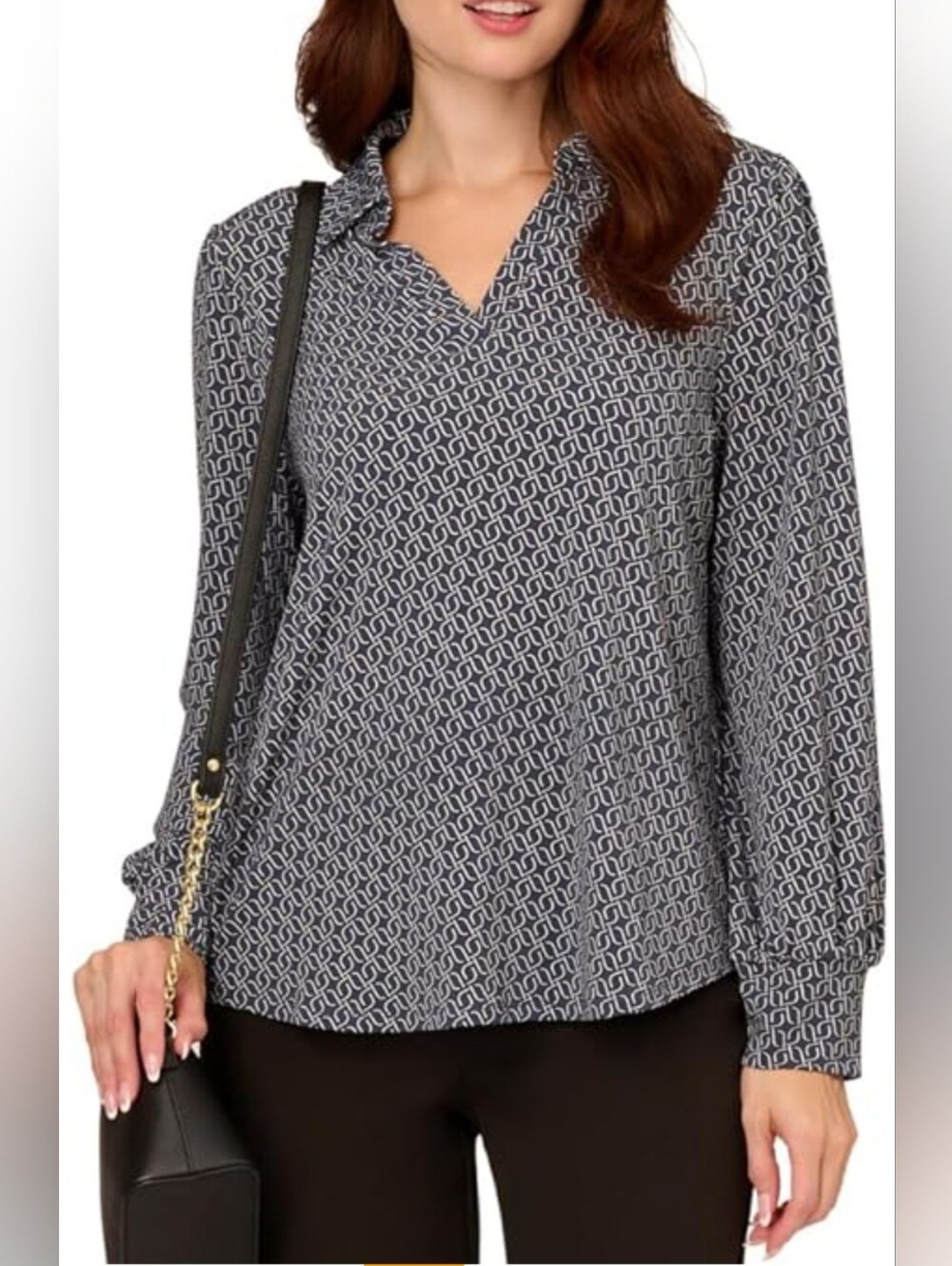 Adrianna Papell Women's Grey Geometric Print Collared V-Neck Blouse Size Medium
